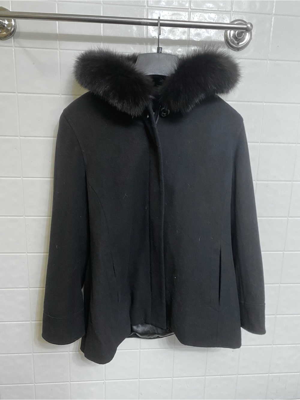 Forecaster of Boston Vintage Black wool coat with fox fur hood, size 8